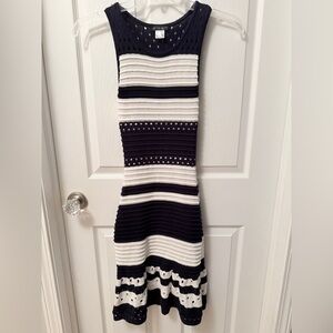 VENUS Black and White Striped Knit Midi Dress